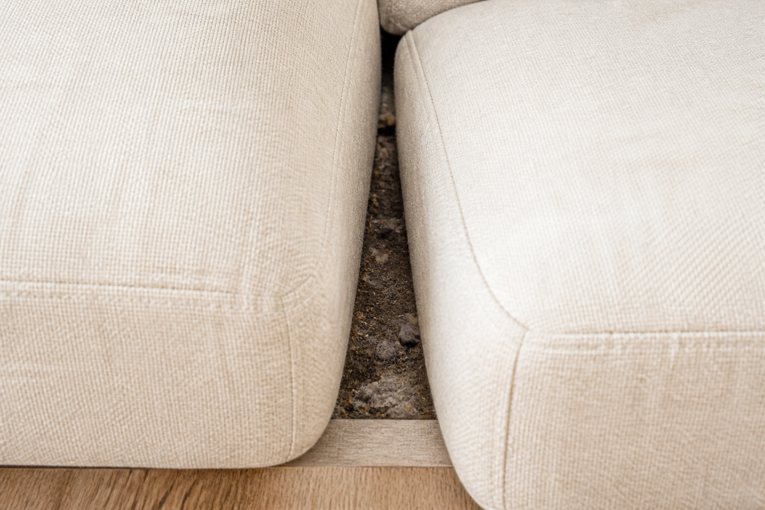 Poussière et miettes cachées dans un pli de coussin de canapé